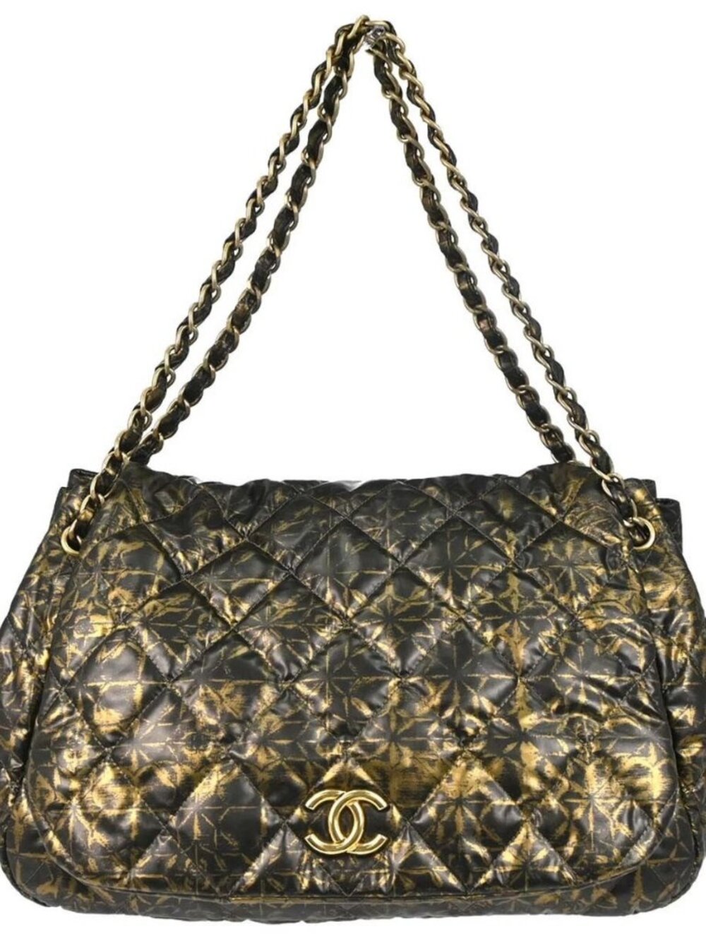 Chanel Black Gold Printed Nylon Accordion Flap Bag 188916